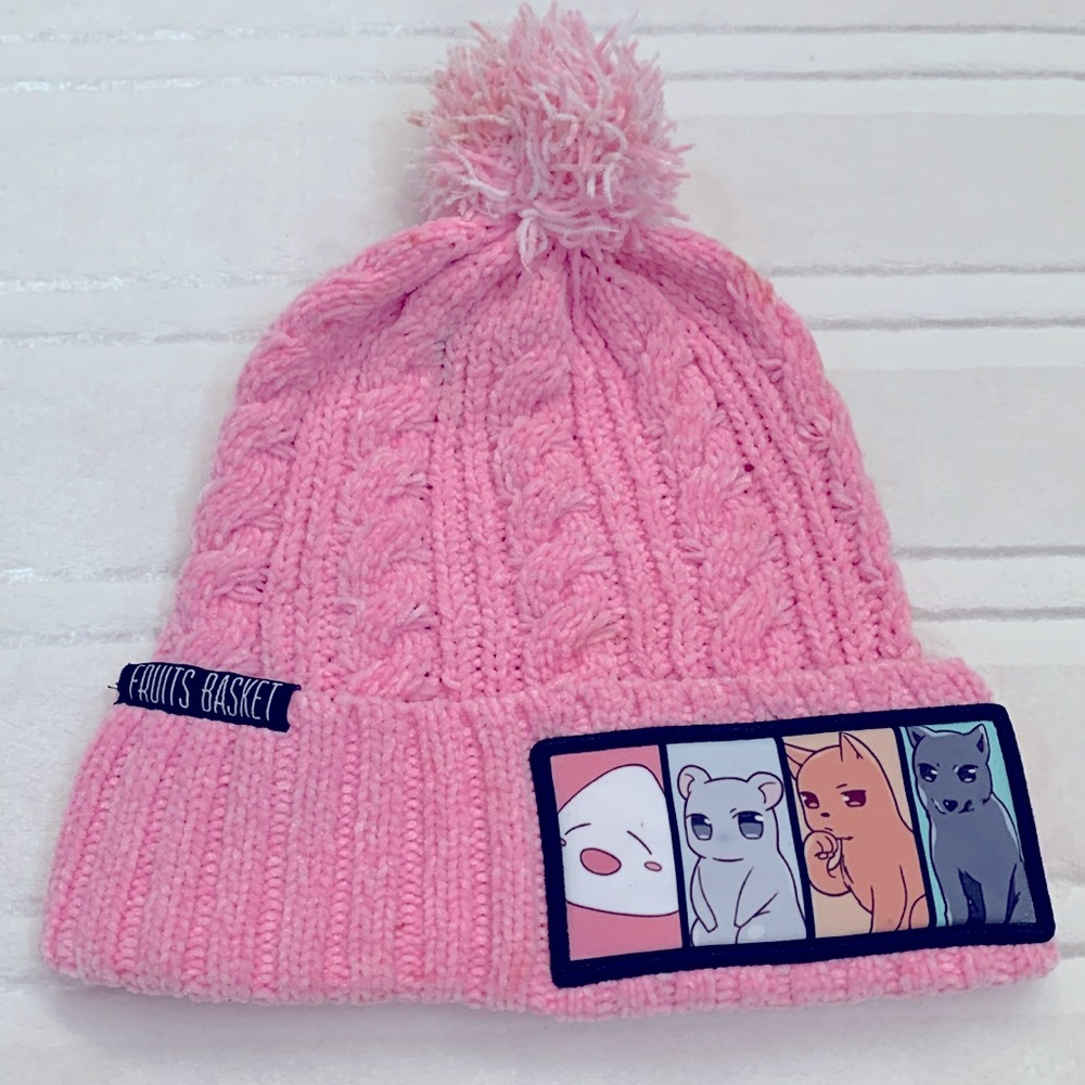 Fruit Basket Group Pom Pink Beanie One Size